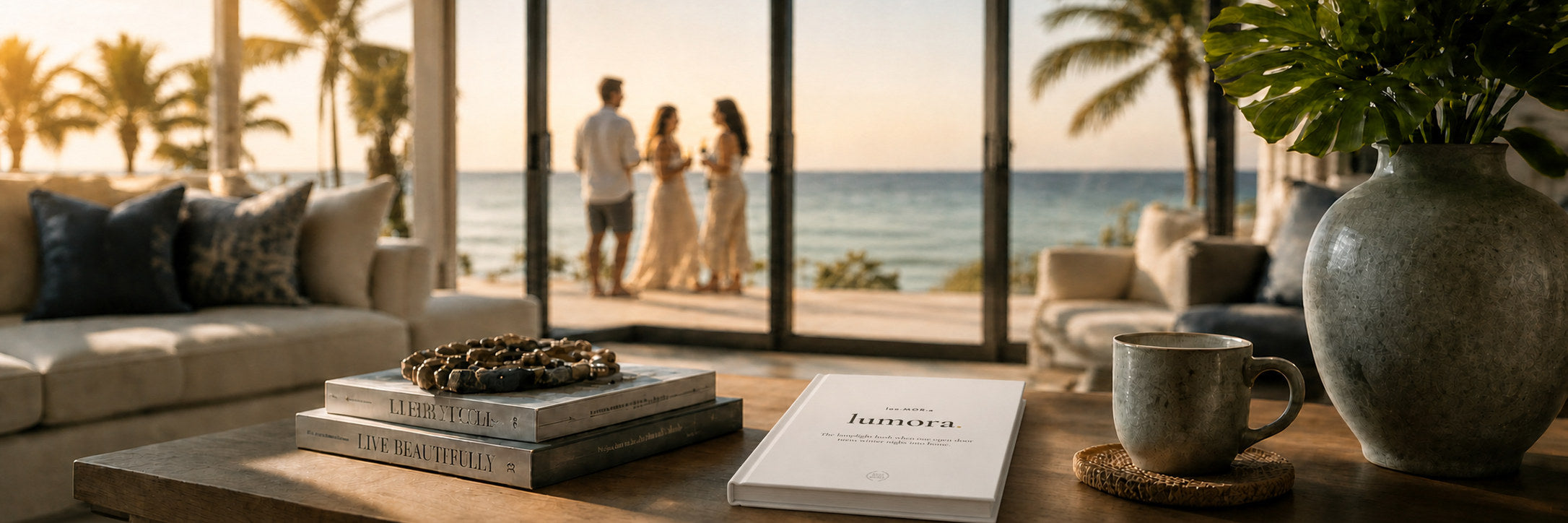 Word-of-the-day journal for the word lumora on a coffee table in a seaside living room