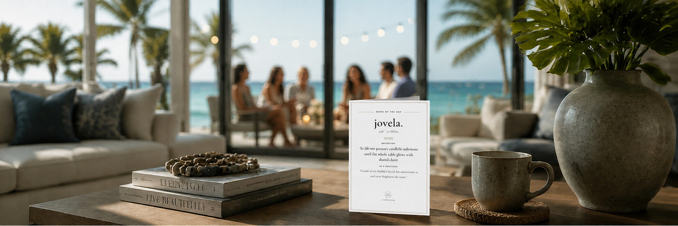 Word-of-the-day greeting card for the word jovela on a coffee table in a beachfront living room