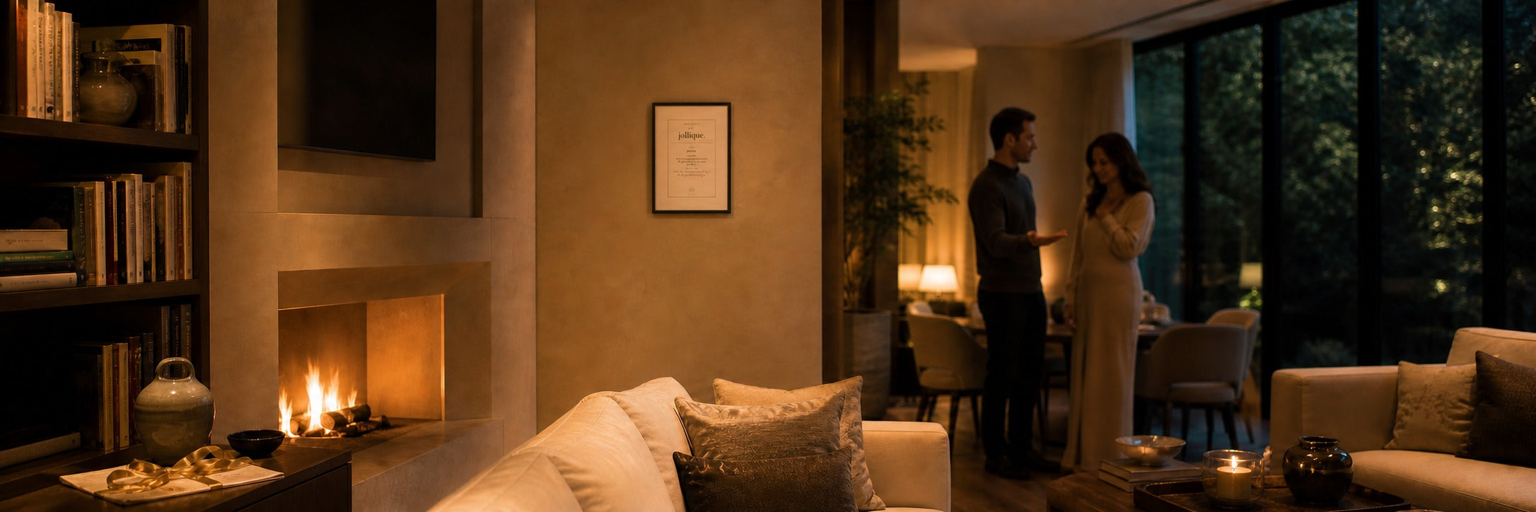 Framed word-of-the-day print for the word jollique on the wall above a lit fireplace in a warm living room at dusk